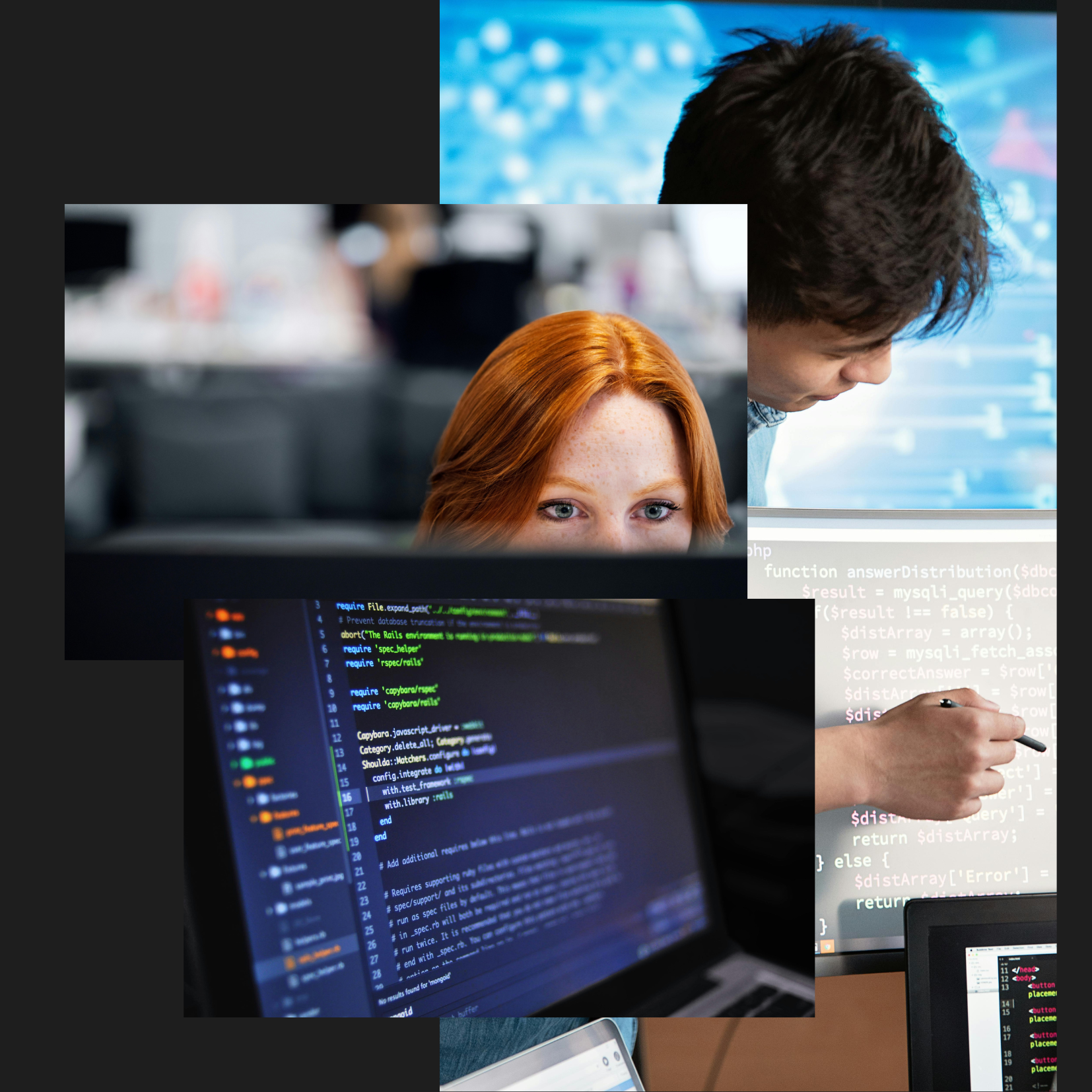Ilustração de um ambiente de desenvolvimento de software com ícones de tecnologia: Python, JavaScript, HTML, CSS, Bancos de Dados.